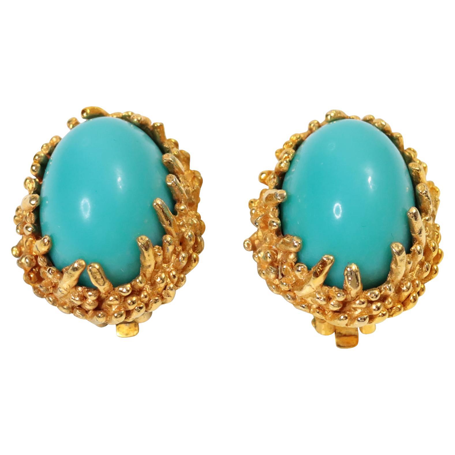 Boucles d'oreilles vintage en or avec fausse turquoise Circa 1980's