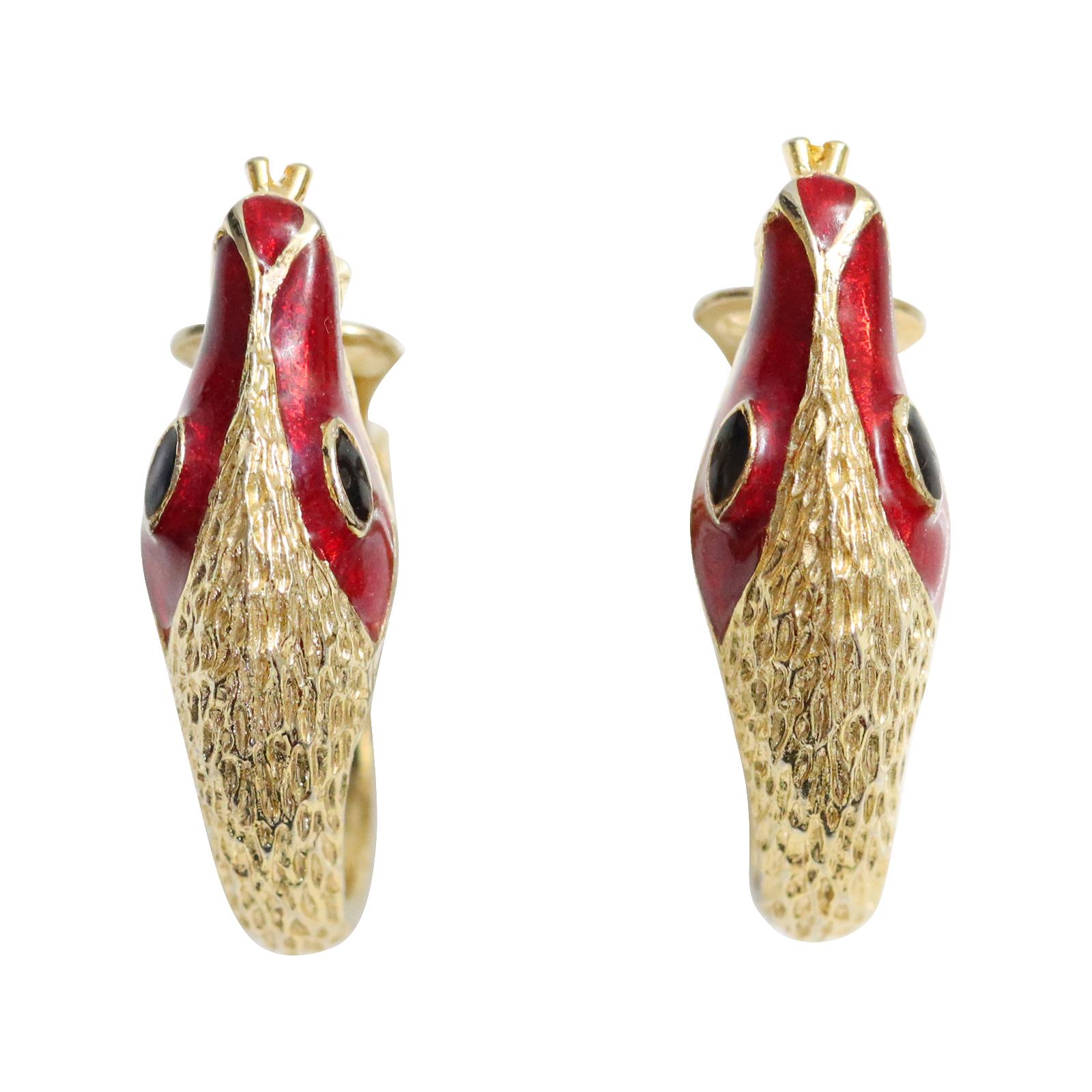 Women's or Men's Vintage Gold Tone with Red Enamel Earrings Circa 1990s For Sale