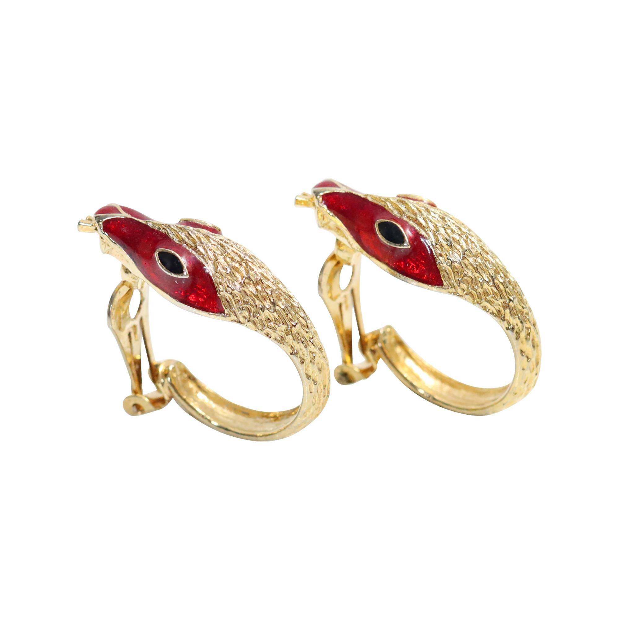 Vintage Gold Tone with Red Enamel Earrings Circa 1990s For Sale 1