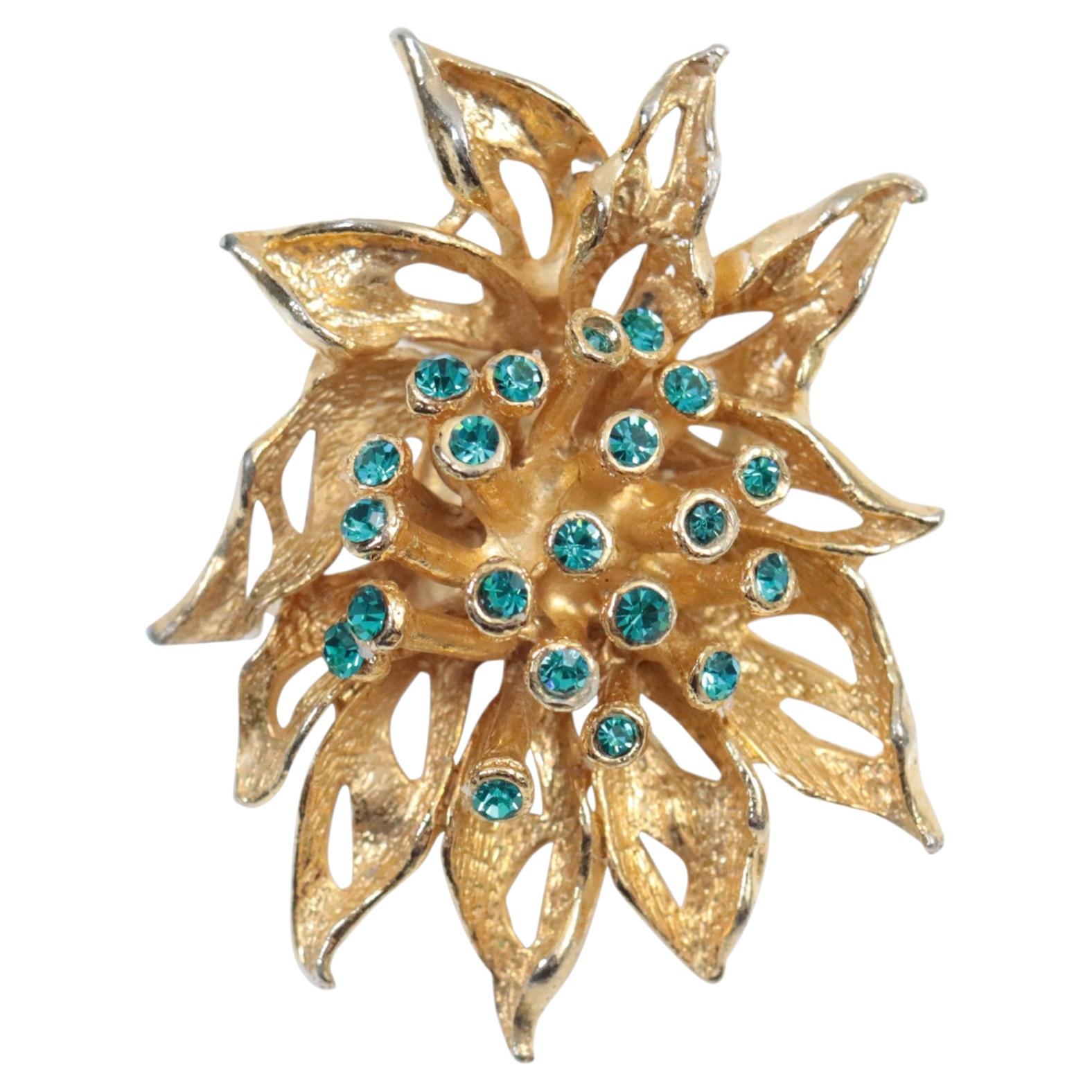 Vintage Gold Tone With Teal Diamante Brooch, Circa 1980s For Sale