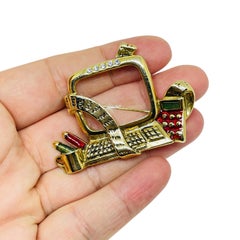 Vintage gold tone work desk computer enamel glass designer brooch