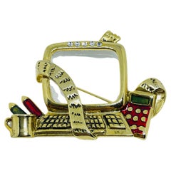 Vintage gold tone work desk computer enamel glass designer brooch Vintage gold tone work desk computer enamel glass designer brooch