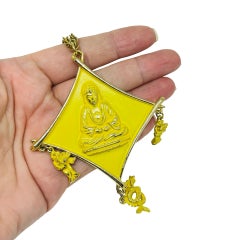 Vintage gold tone yellow enamel Buddha pendant charms chain designer necklace