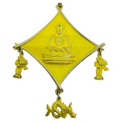 Vintage gold tone yellow enamel Buddha pendant charms chain designer necklace
