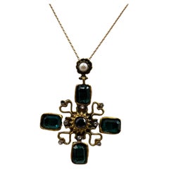 Vintage Gold-Toned Brass Green & Pearl Statement Cross Pendant