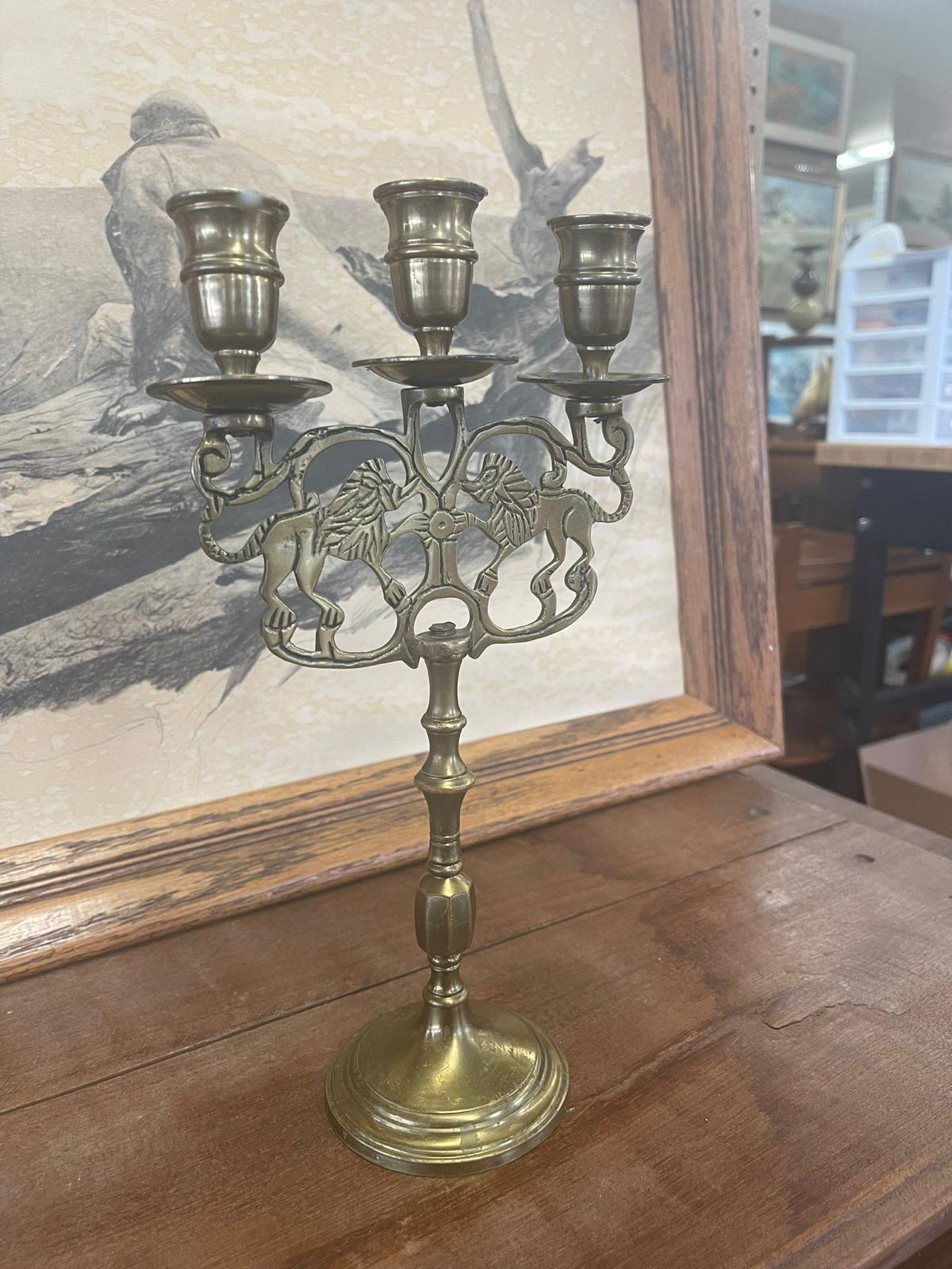 Vintage Gold Toned Candelabra With Lion Motif. In Good Condition For Sale In Seattle, WA