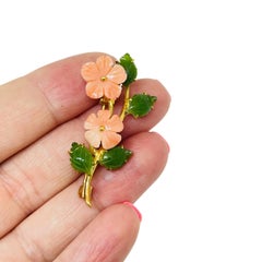 Vintage gold toner green jade leafs pink coral flowers designer brooch