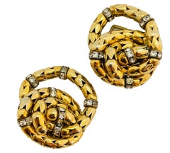 Vintage gold tulip beads rhinestone designer runway clip on earrings