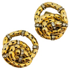 Vintage gold tulip beads rhinestone designer runway clip on earrings