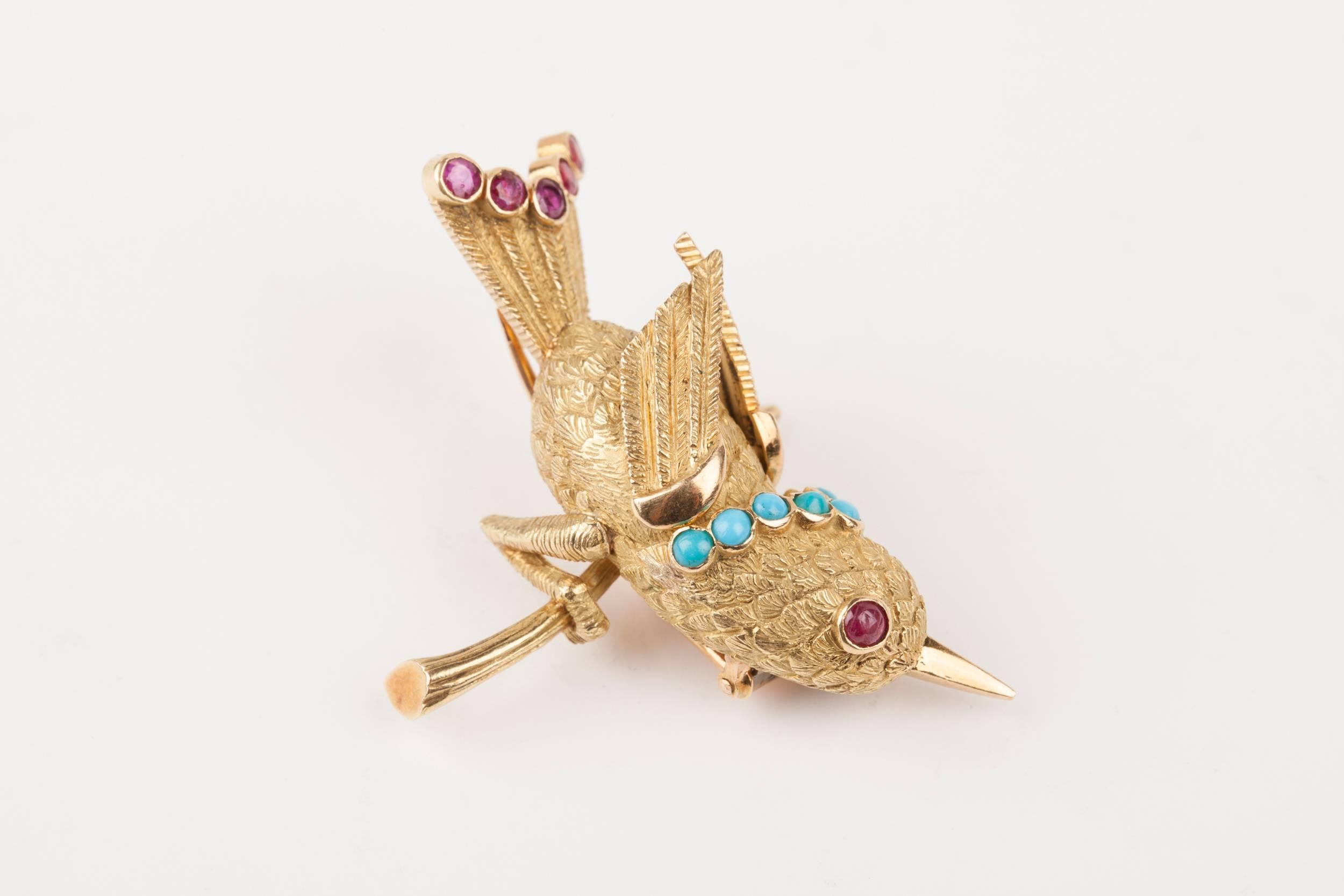 Vintage Gold Turquoise and Rubies French Bird Brooch 5