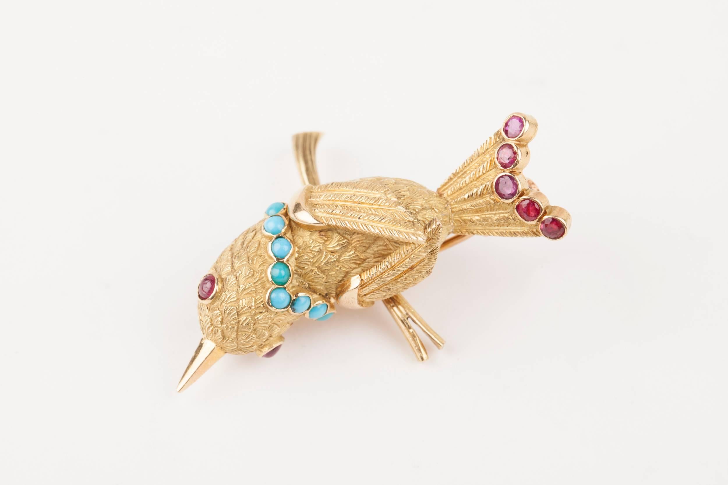 Vintage Gold Turquoise and Rubies French Bird Brooch 6