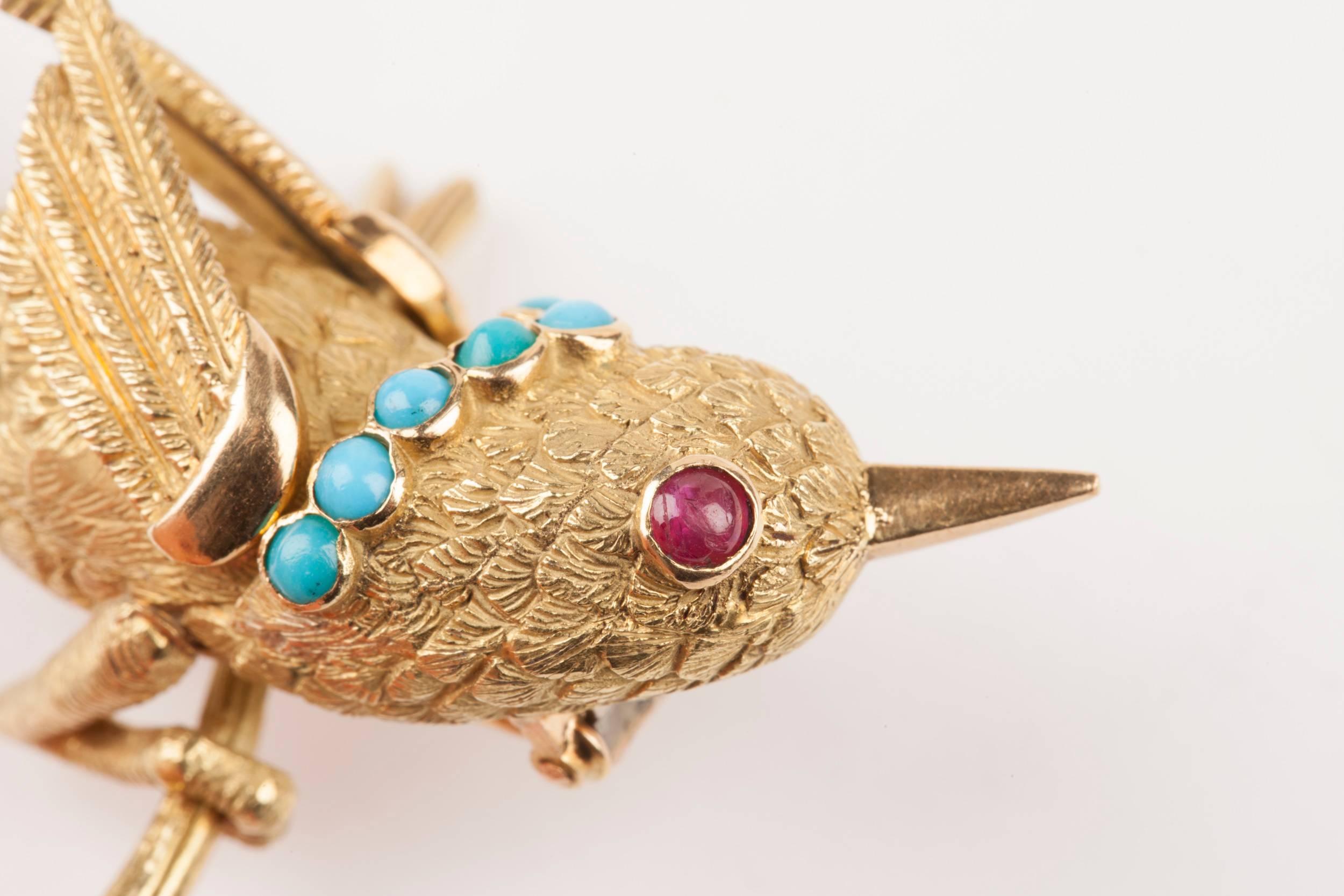 Vintage Gold Turquoise and Rubies French Bird Brooch 1