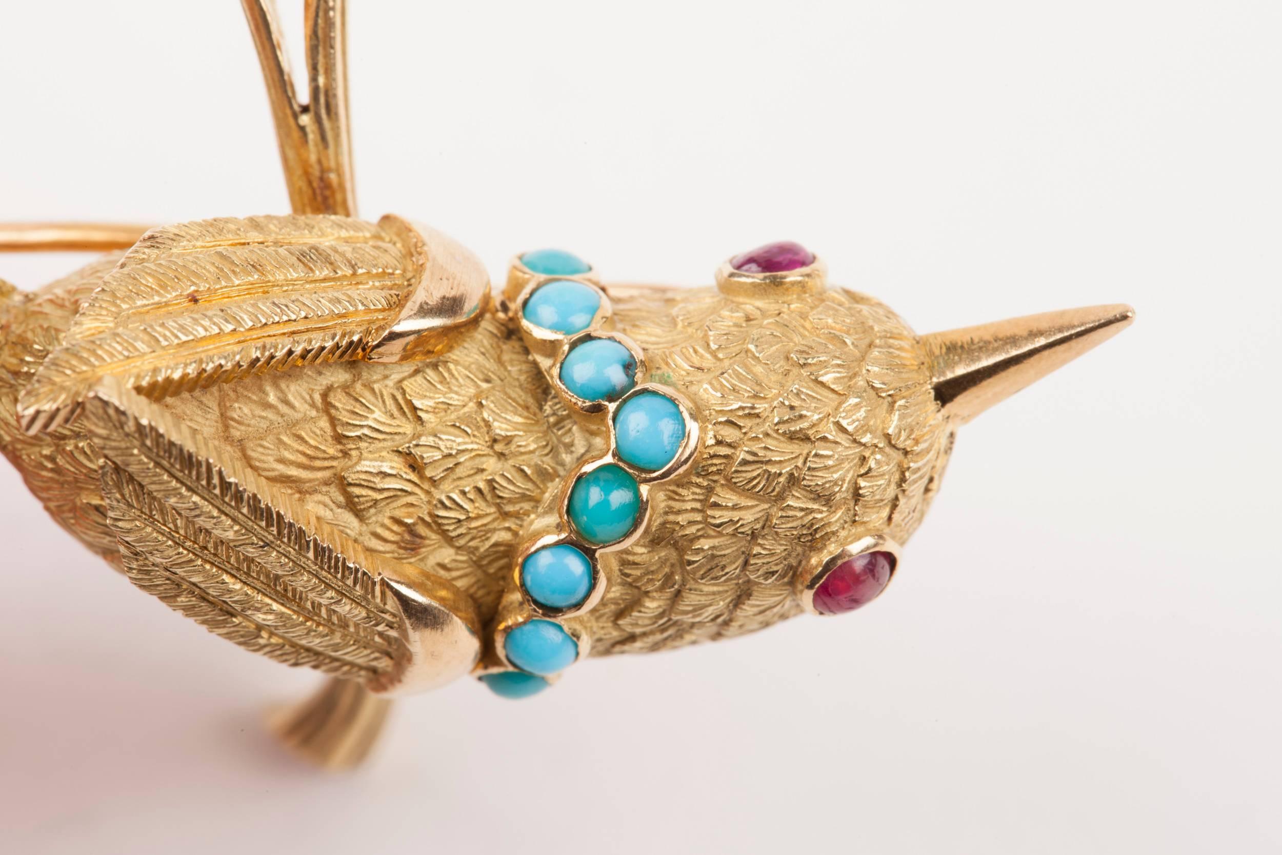 Vintage Gold Turquoise and Rubies French Bird Brooch 2