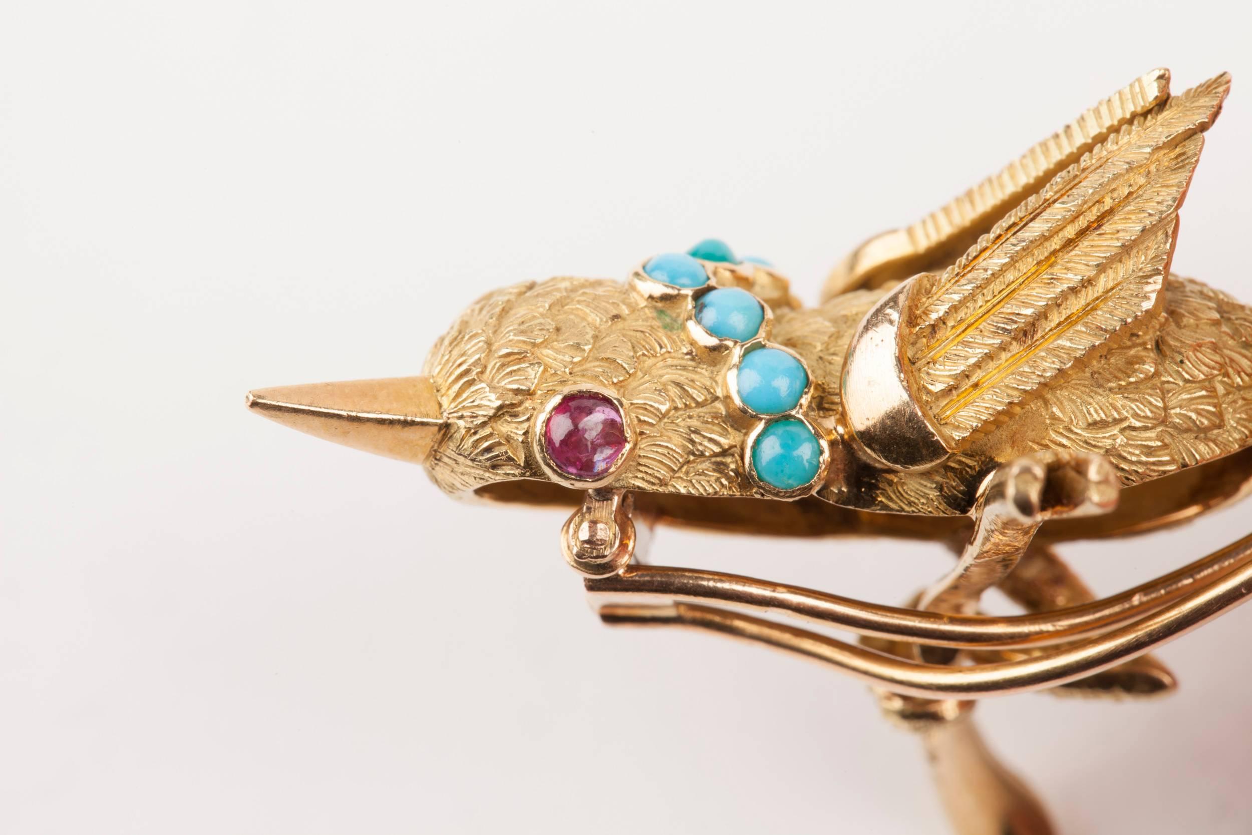 Vintage Gold Turquoise and Rubies French Bird Brooch 3
