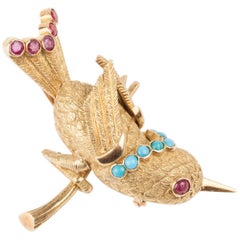 Vintage Gold Turquoise and Rubies French Bird Brooch