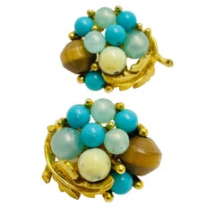 Vintage gold turquoise tiger eye beaded cluster designer clip on earrings