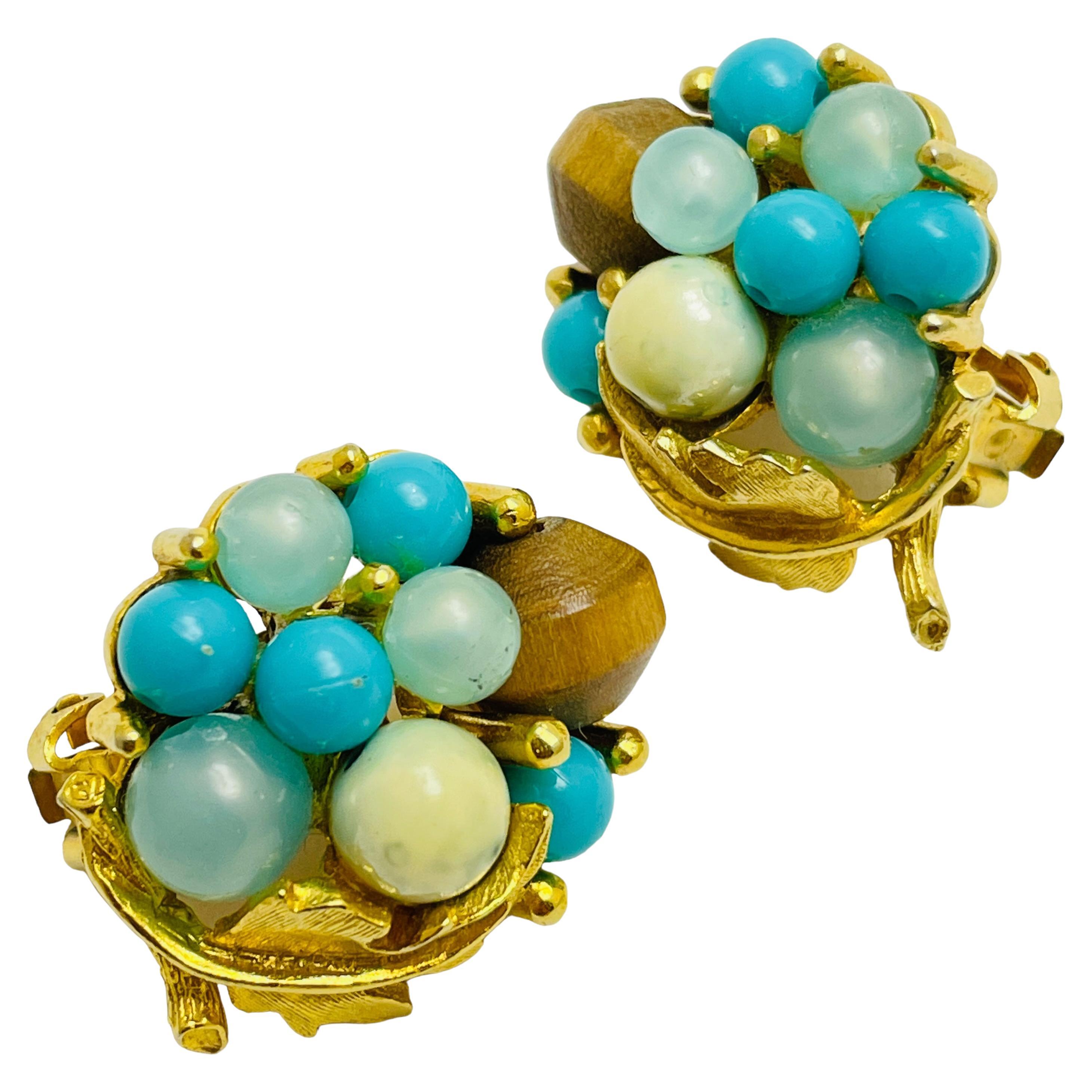 Vintage gold turquoise tiger eye beaded cluster designer clip on earrings For Sale
