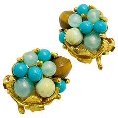 Vintage gold turquoise tiger eye beaded cluster designer clip on earrings