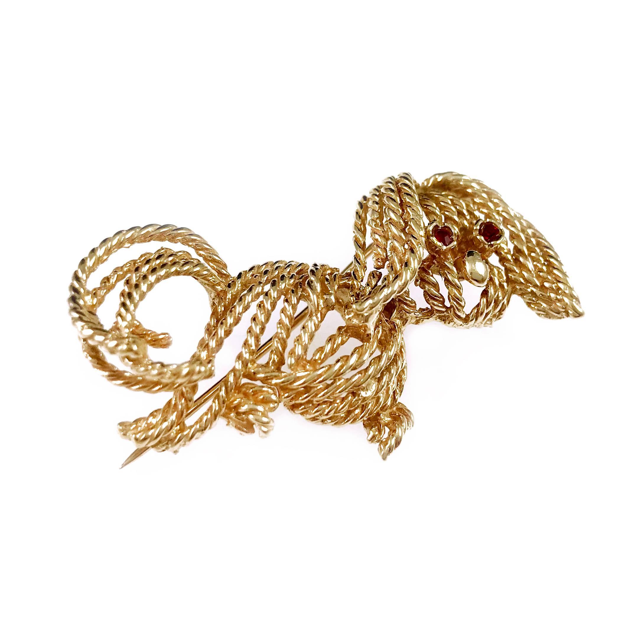 Vintage Yellow Gold Twisted Wire Dog Brooch