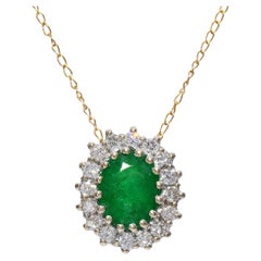 Vintage Gold Two-Tone 1.5ct Emerald and Diamond Halo Pendant Necklace