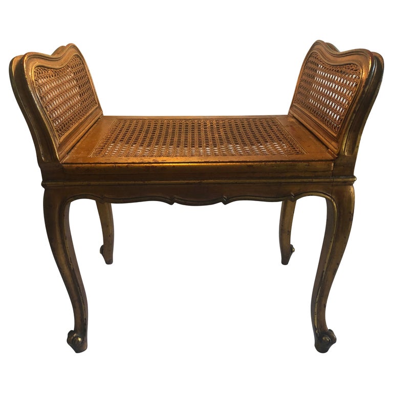 Vintage Gold Leaf Vanity Window Bench With Caning Seat And Armrs