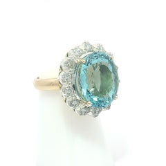 Vintage Gold w/ Silver 11.96ctw GIA Oval Aquamarine & Round Diamond Halo Ring