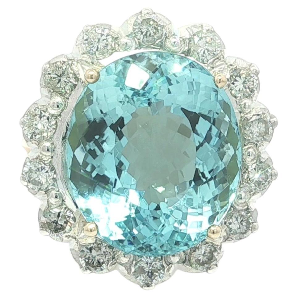 Vintage Gold w/ Silver 11.96ctw GIA Oval Aquamarine & Round Diamond Halo Ring