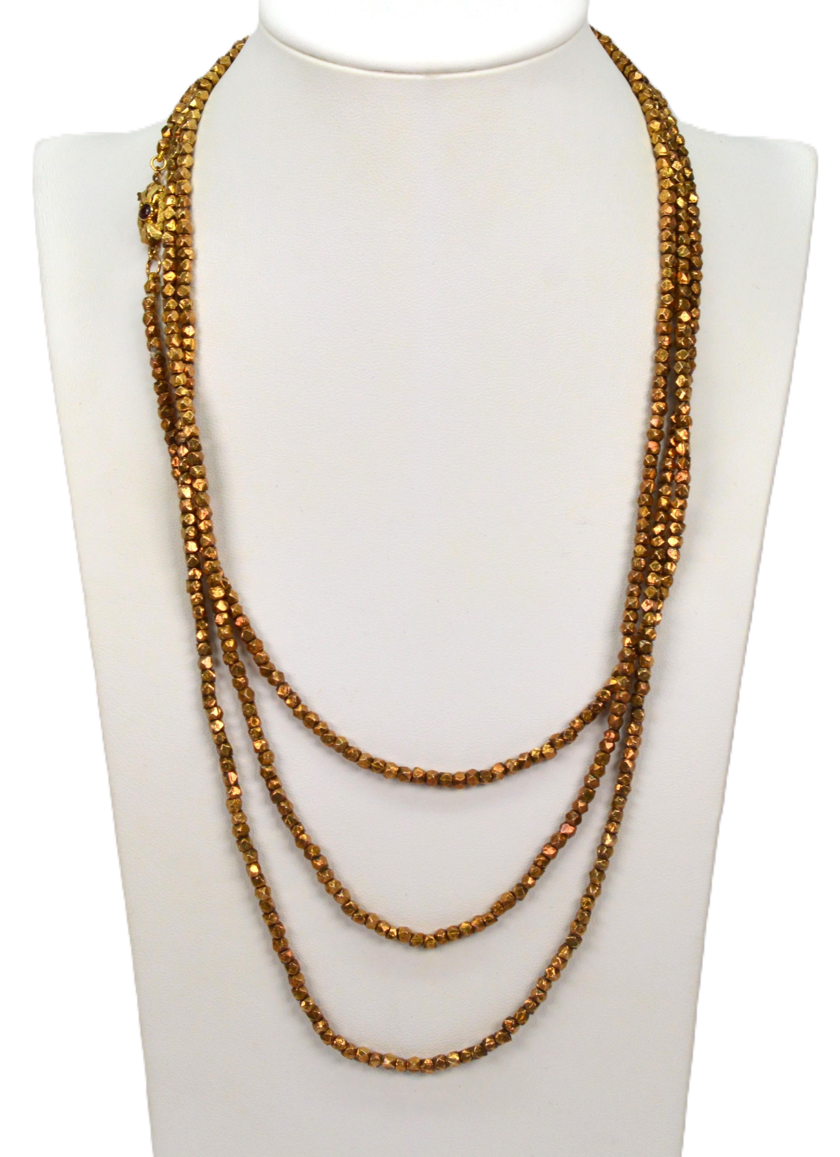 Vintage Gold Wash Silver Nugget 64 Inch Necklace w 14K Yellow Gold Garnet Clasp For Sale 7