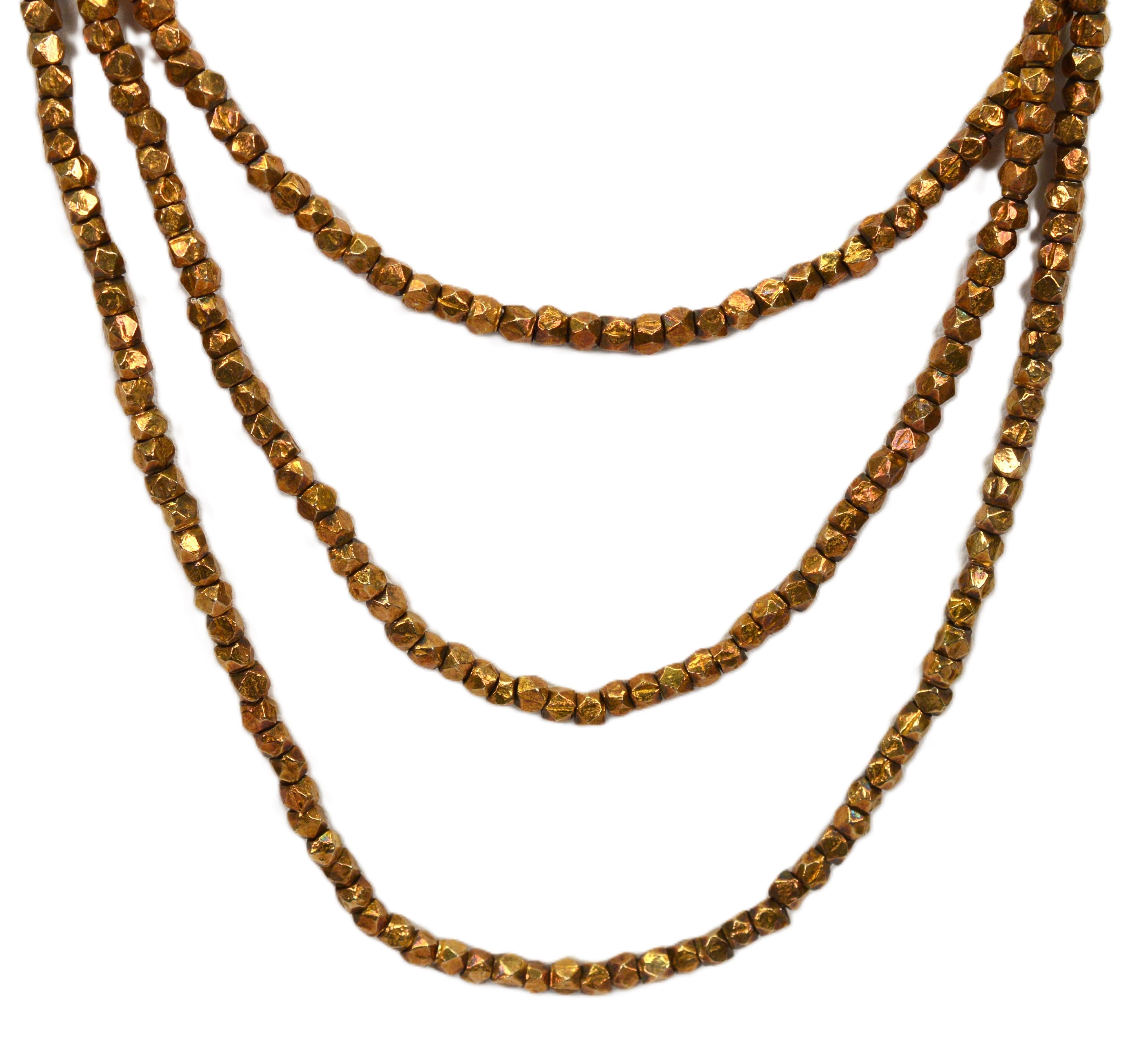 Rough Cut Vintage Gold Wash Silver Nugget 64 Inch Necklace w 14K Yellow Gold Garnet Clasp For Sale