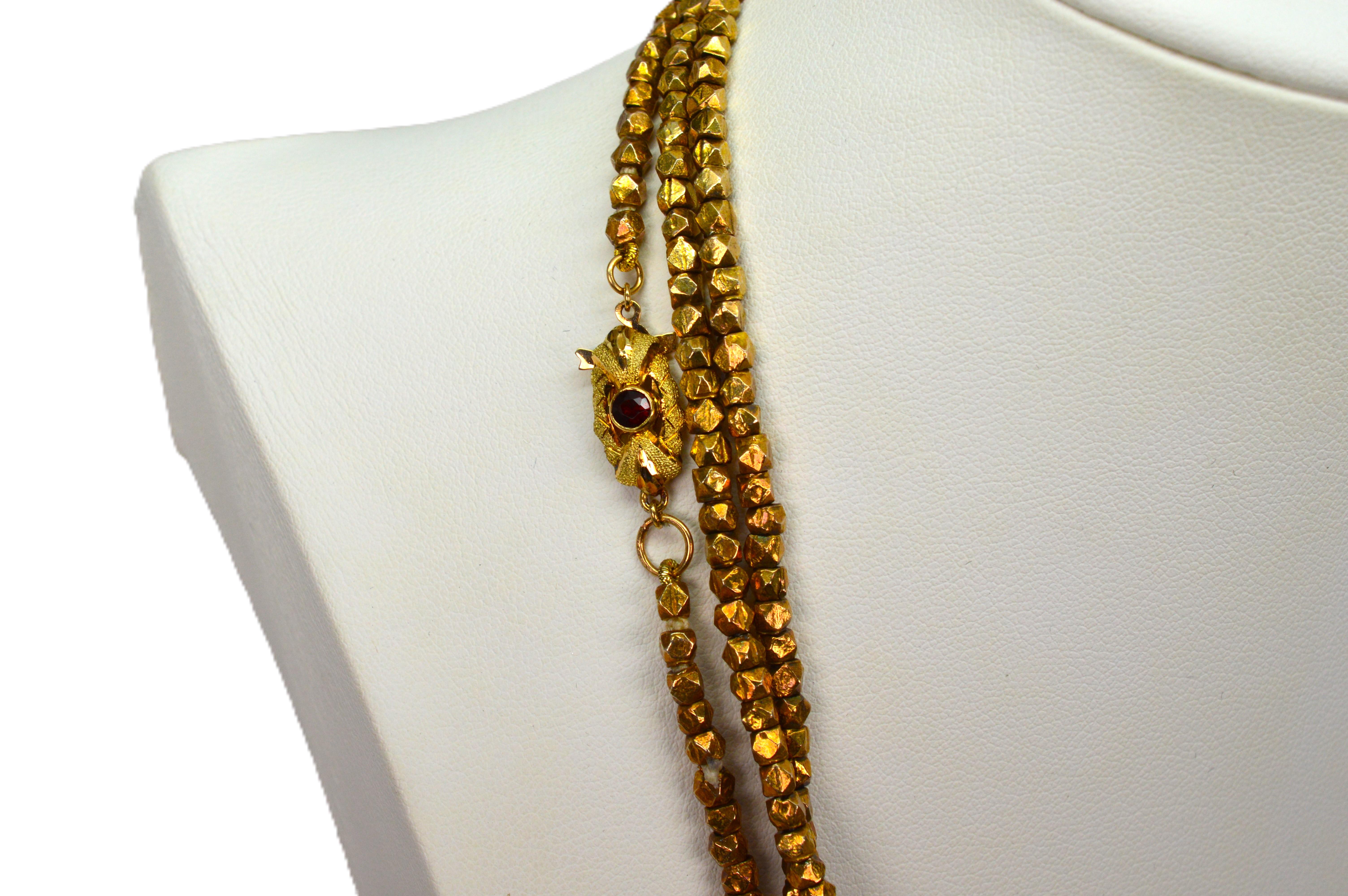Vintage Gold Wash Silver Nugget 64 Inch Necklace w 14K Yellow Gold Garnet Clasp In Excellent Condition For Sale In Mount Kisco, NY
