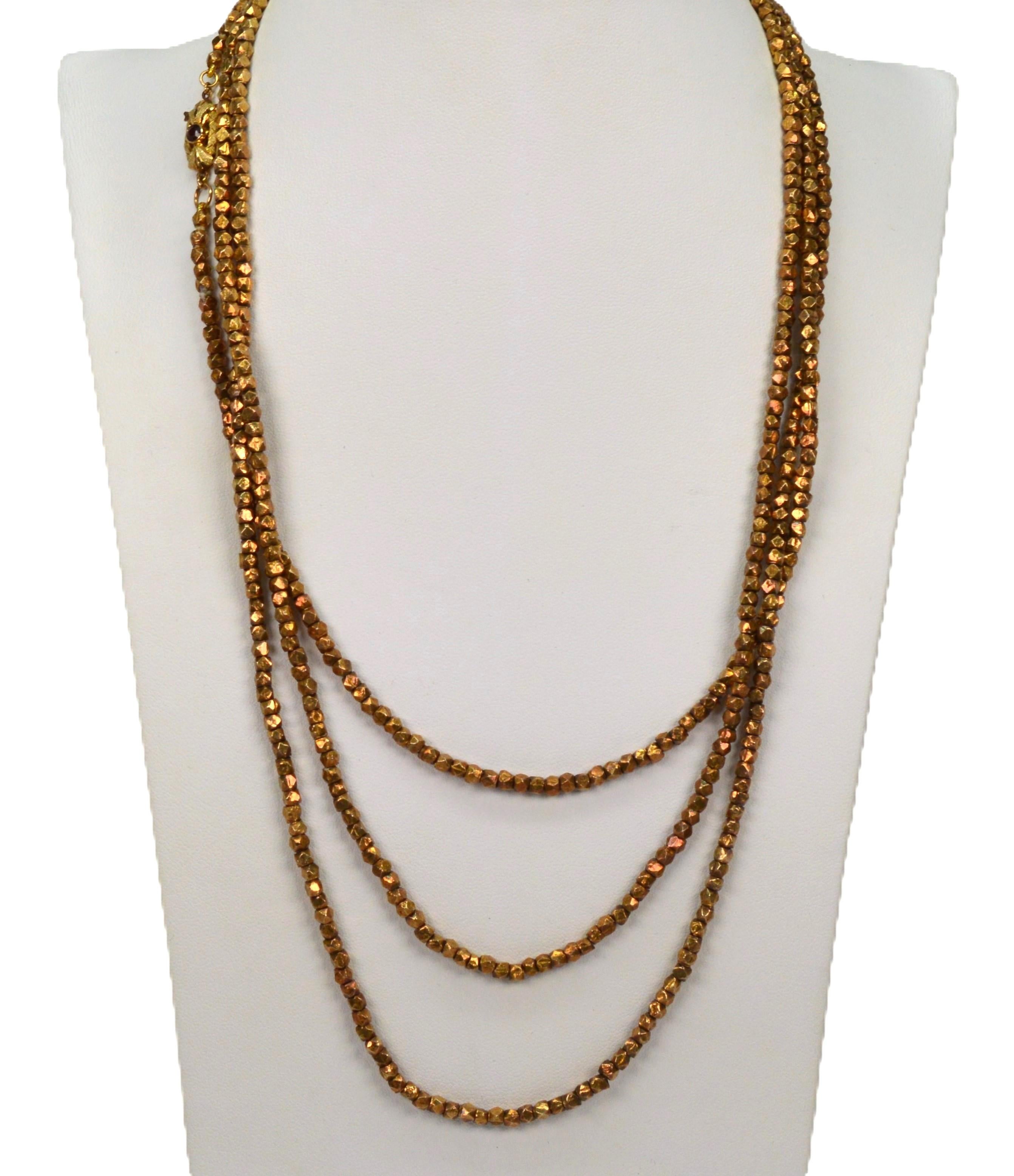Women's Vintage Gold Wash Silver Nugget 64 Inch Necklace w 14K Yellow Gold Garnet Clasp For Sale