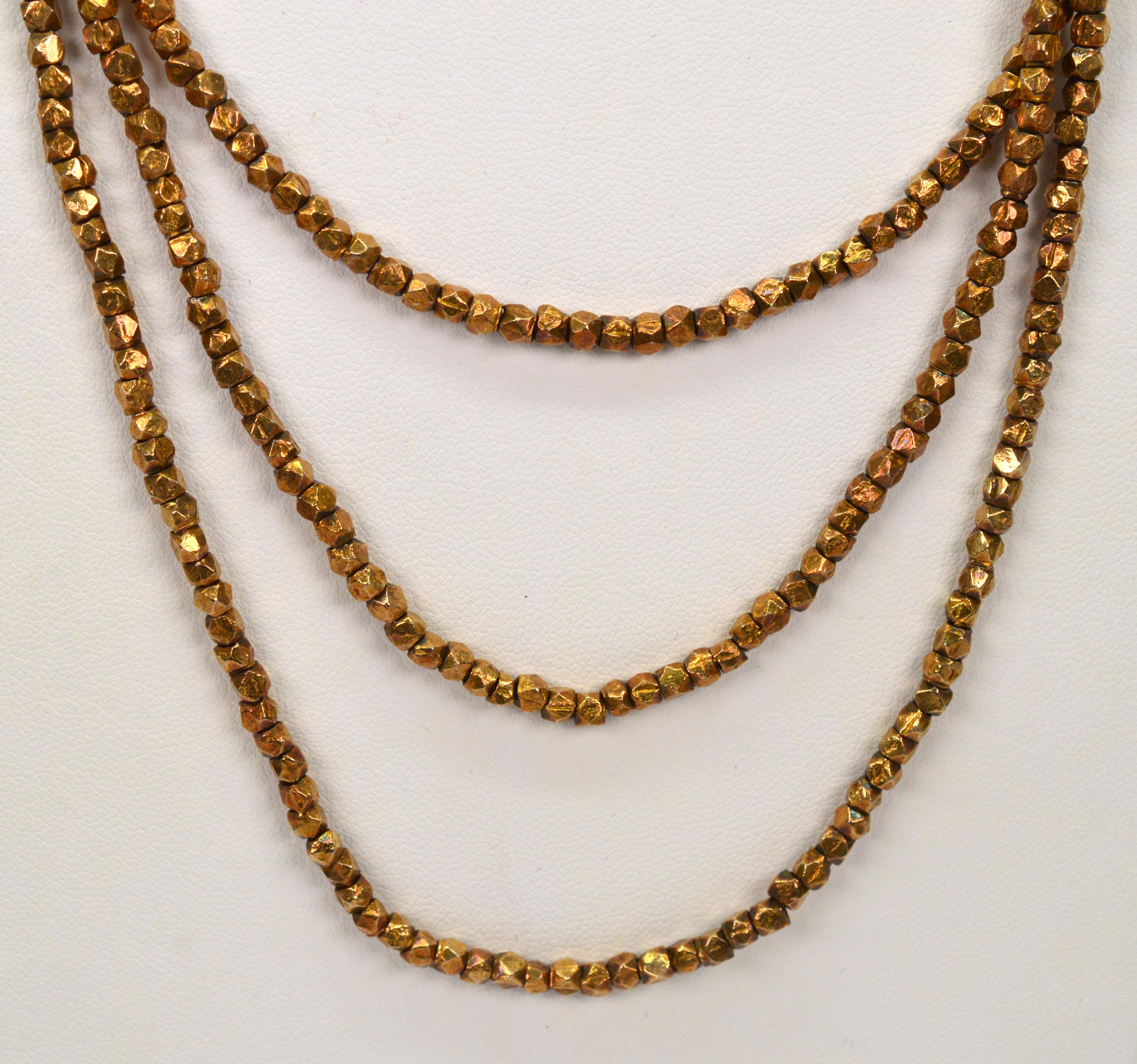 Vintage Gold Wash Silver Nugget 64 Inch Necklace w 14K Yellow Gold Garnet Clasp For Sale 1