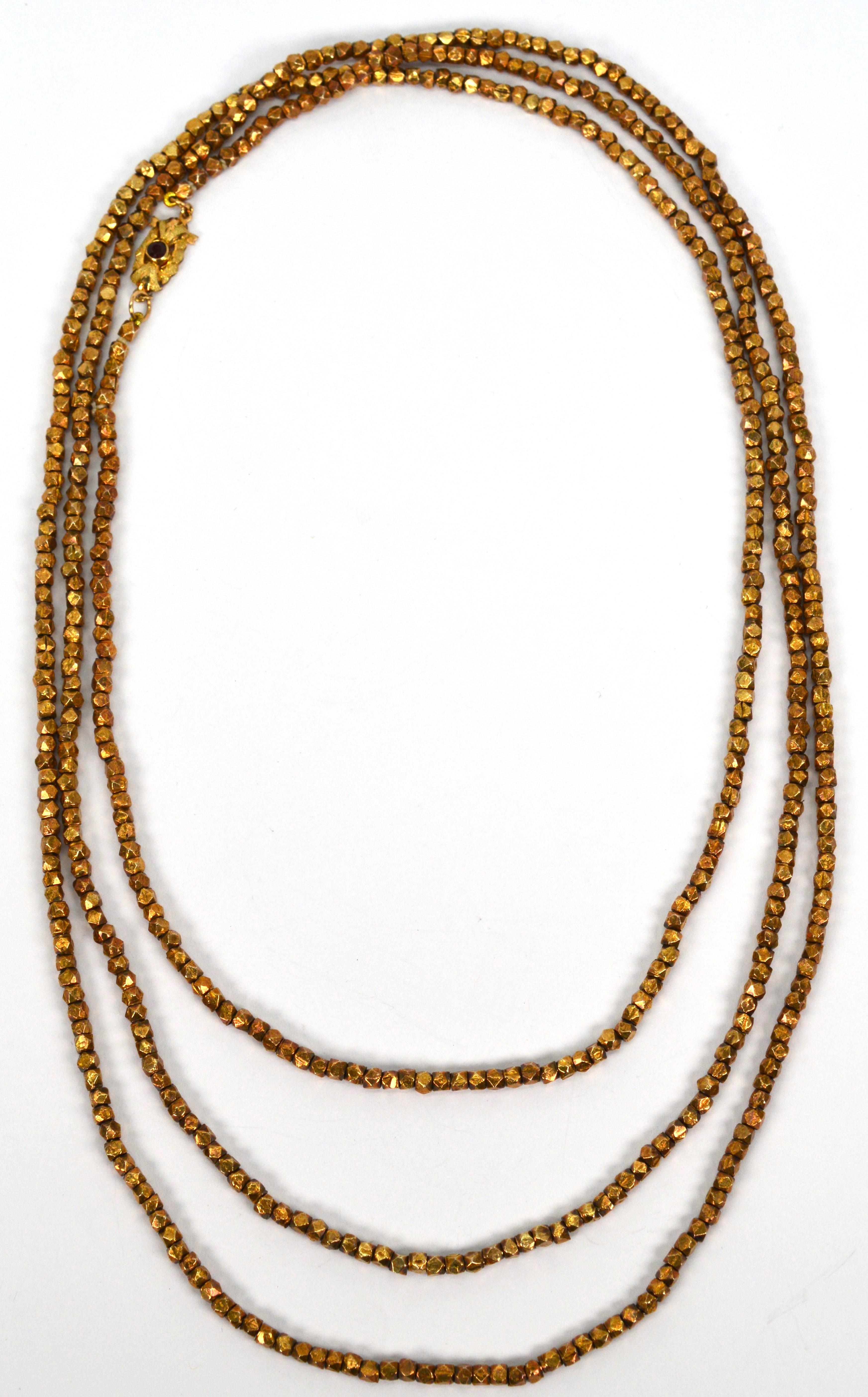 Vintage Gold Wash Silver Nugget 64 Inch Necklace w 14K Yellow Gold Garnet Clasp For Sale 3