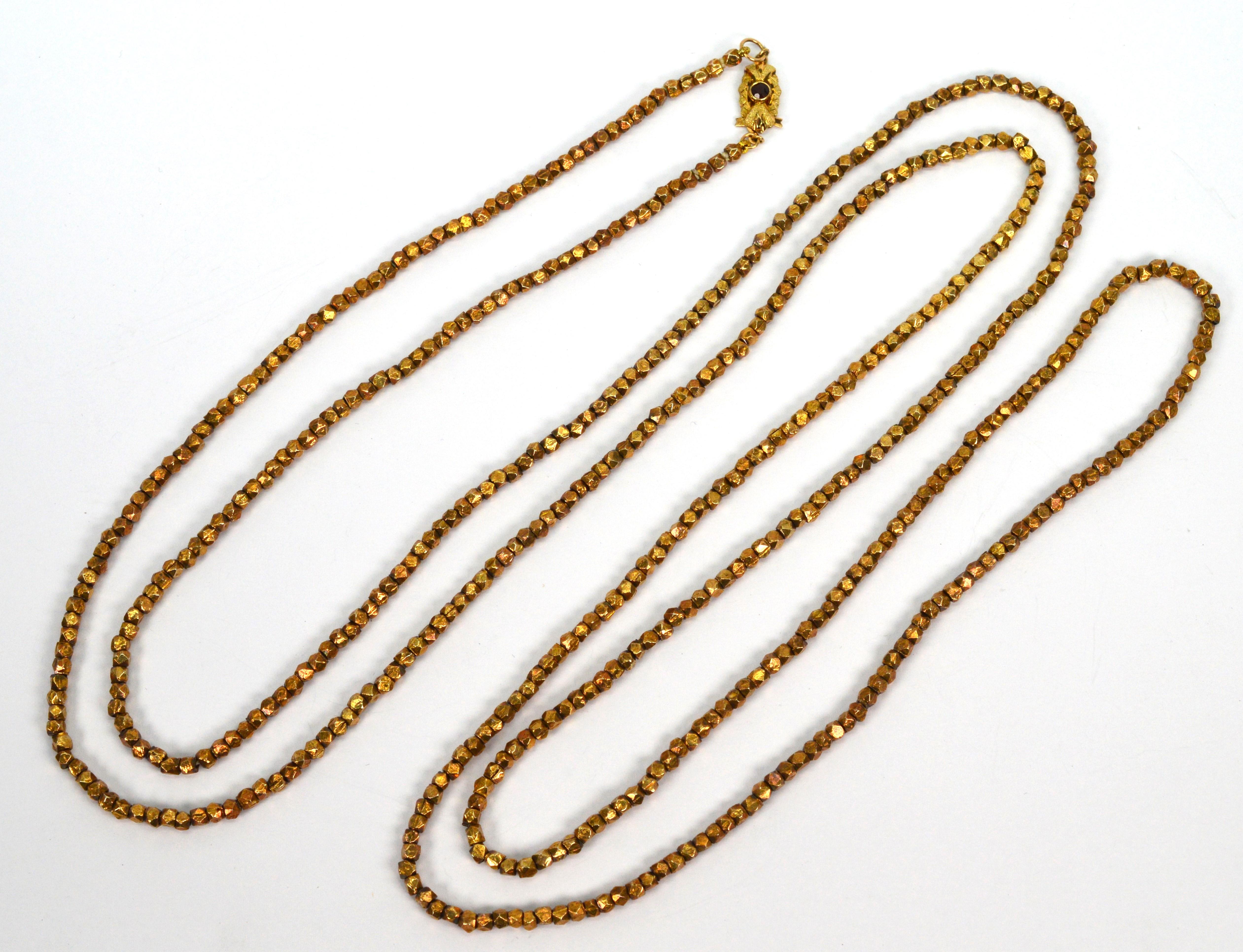 Vintage Gold Wash Silver Nugget 64 Inch Necklace w 14K Yellow Gold Garnet Clasp For Sale 4