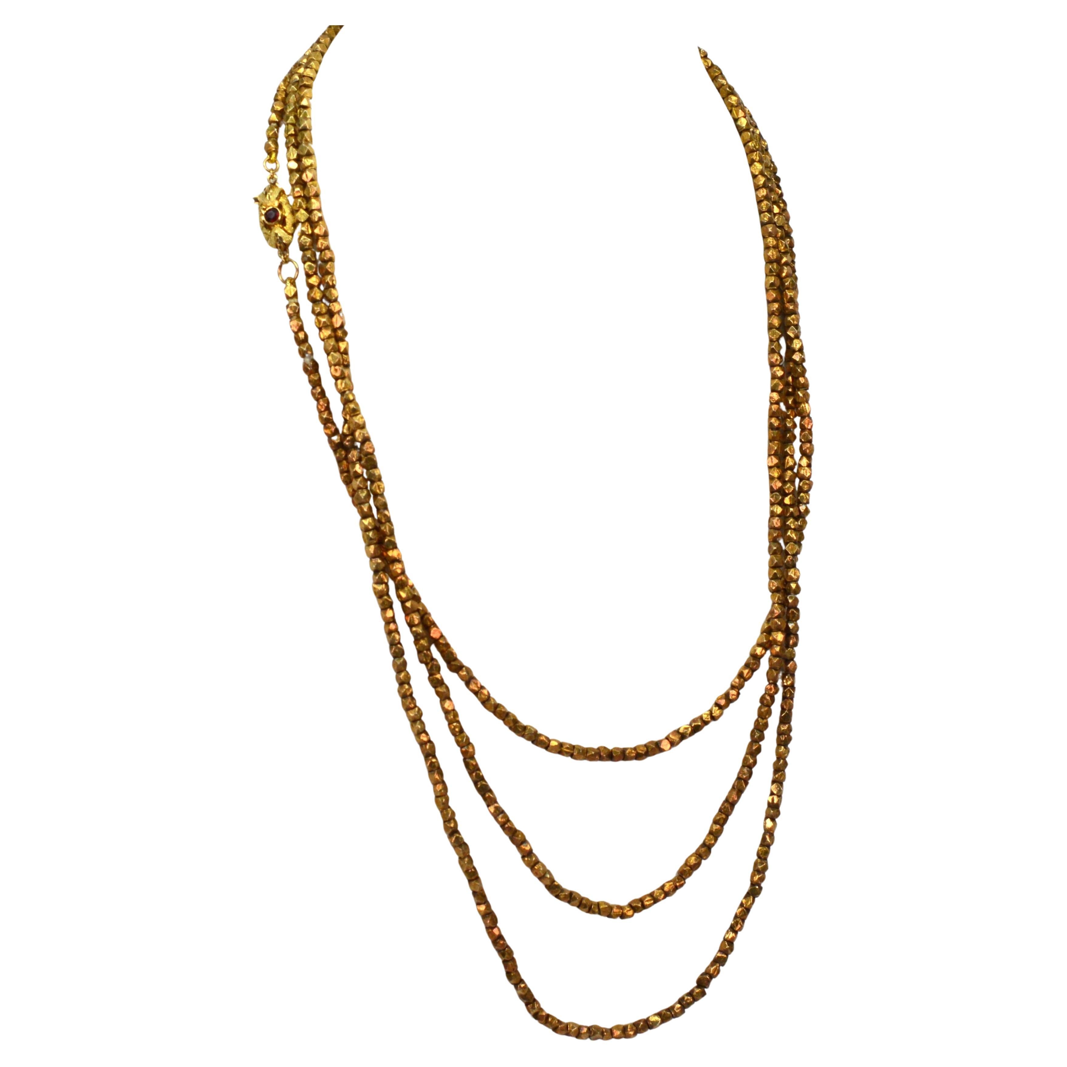 Vintage Gold Wash Silver Nugget 64 Inch Necklace w 14K Yellow Gold Garnet Clasp For Sale