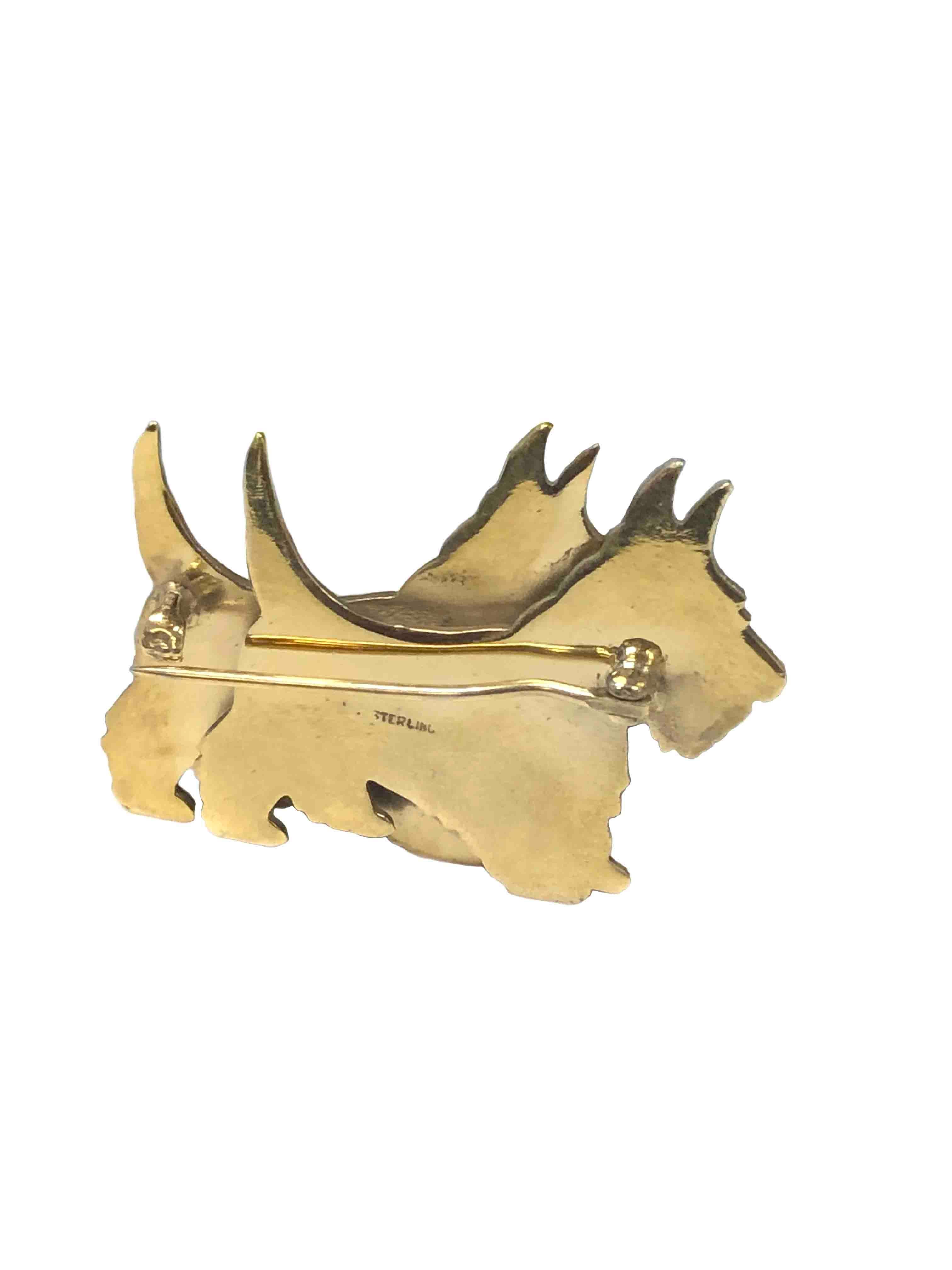 Vintage Gold Wash Vermeil Scottish Terrier Dogs Brooch In Excellent Condition In Chicago, IL