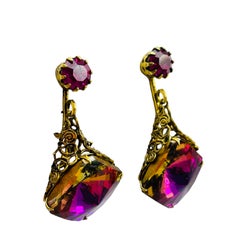 Vintage gold watermelon glass designer drop clip on earrings