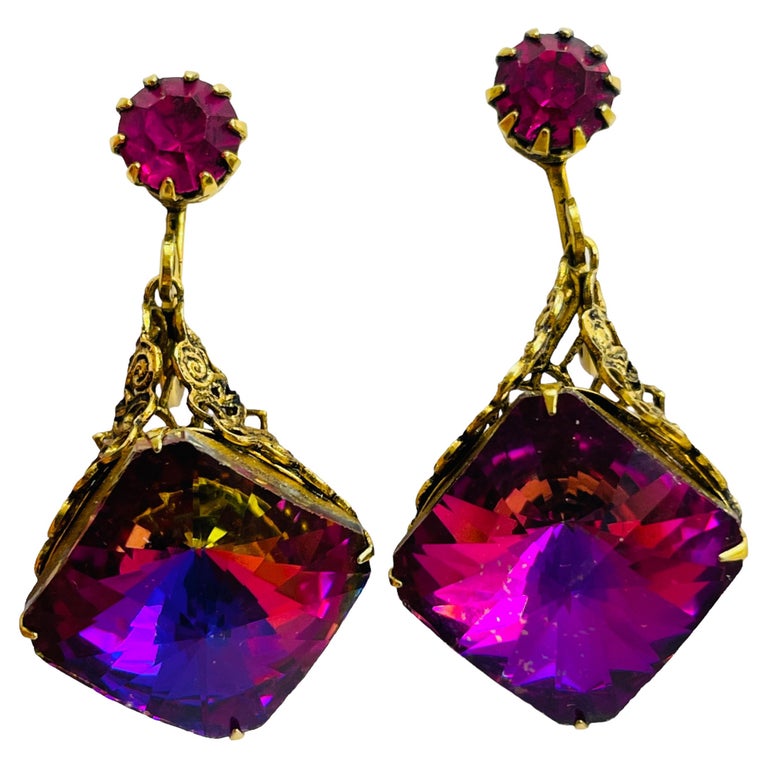 Vintage gold watermelon glass designer drop clip on earrings For Sale