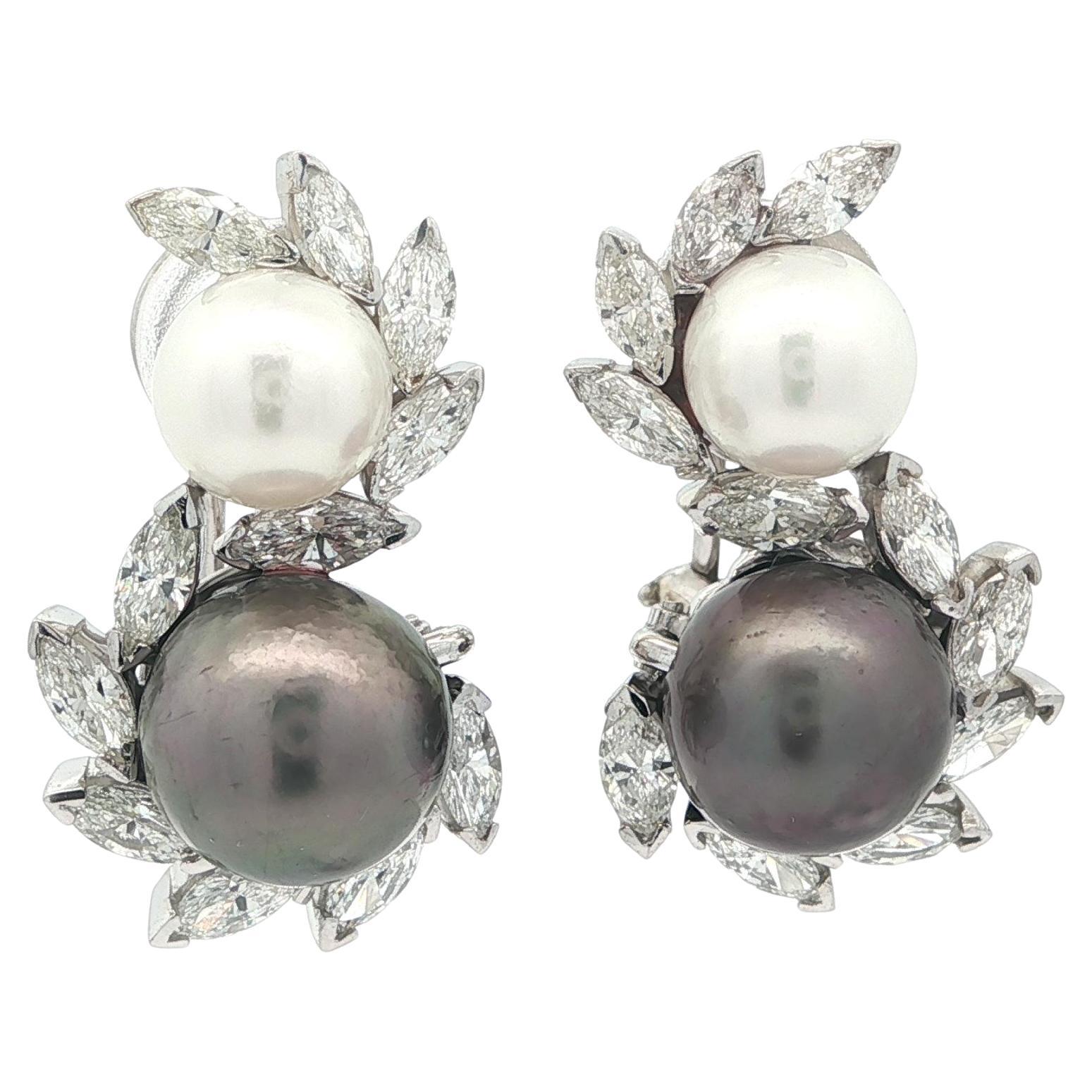 Vintage Gold Weiß 
Grau Perlen 2,86ctw Marquise Diamant Fancy Swirl Ohrringe im Angebot