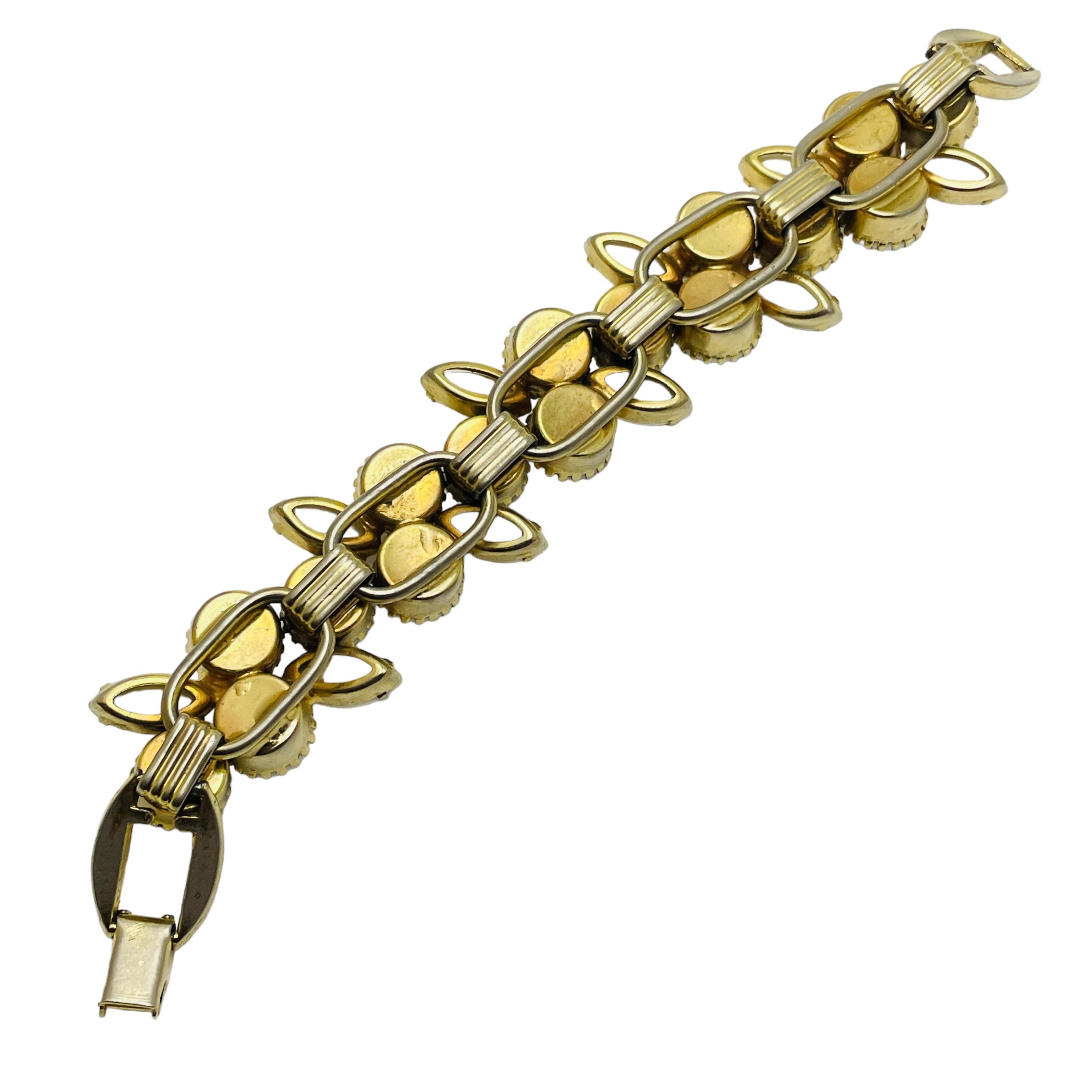 Women's Vintage gold white milk glass rhinestone link designer bracelet For Sale