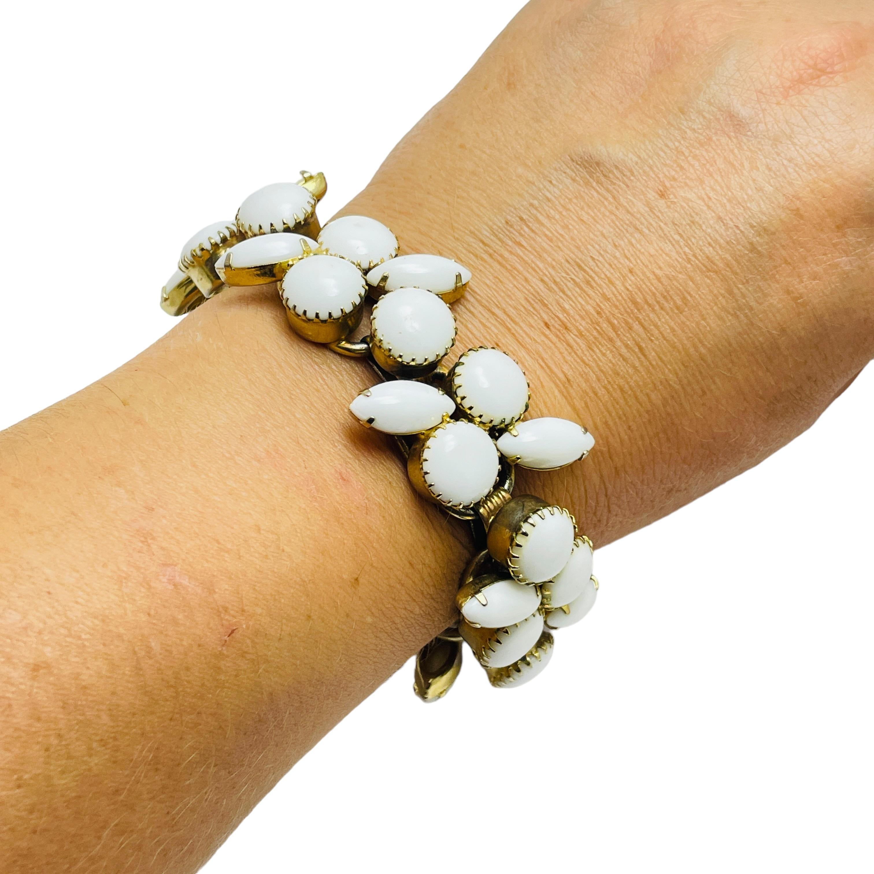Vintage gold white milk glass rhinestone link designer bracelet For Sale 1
