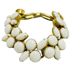 Vintage gold white milk glass rhinestone link designer bracelet