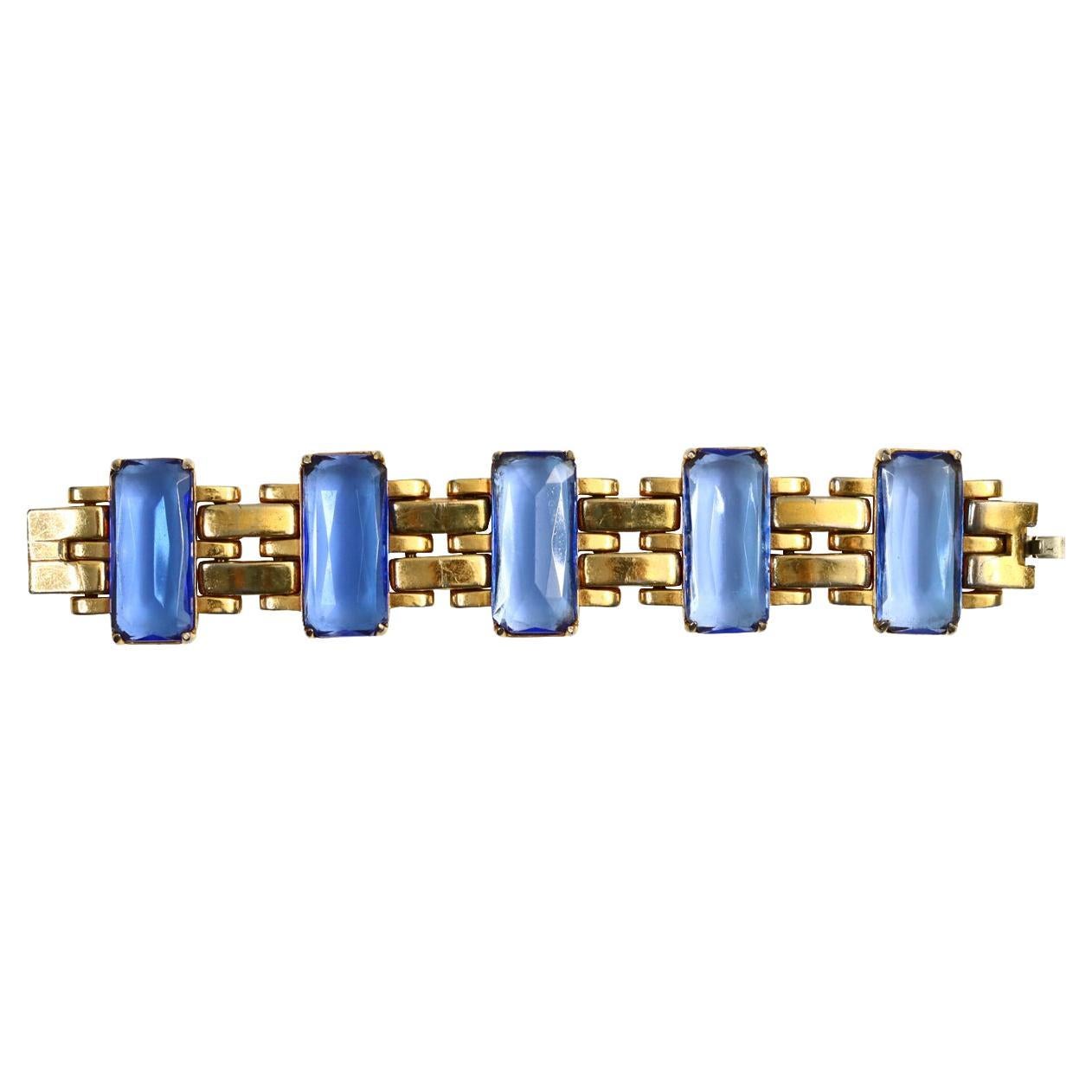 Vintage Gold with Blue Glass Link Bracelet, circa 1940s For Sale