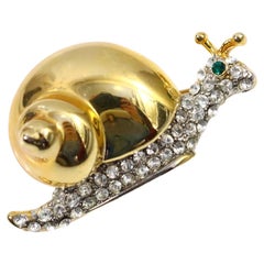 Vintage Gold with Green and Crystals  Snail Brooch Circa 1980s