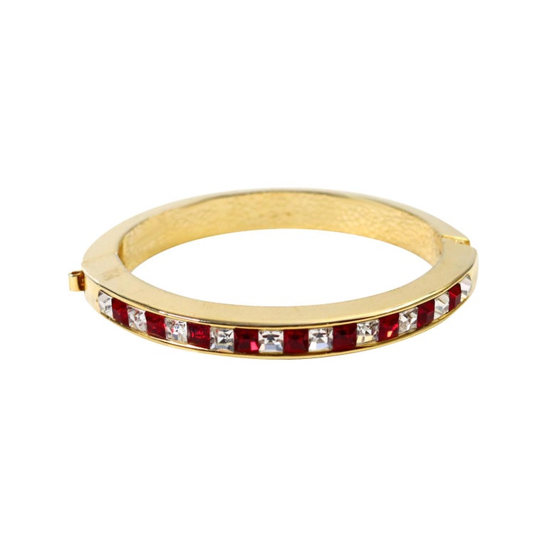 Vintage Gold with Red and Clear Crystal Bracelet Circa 1980s For Sale 1