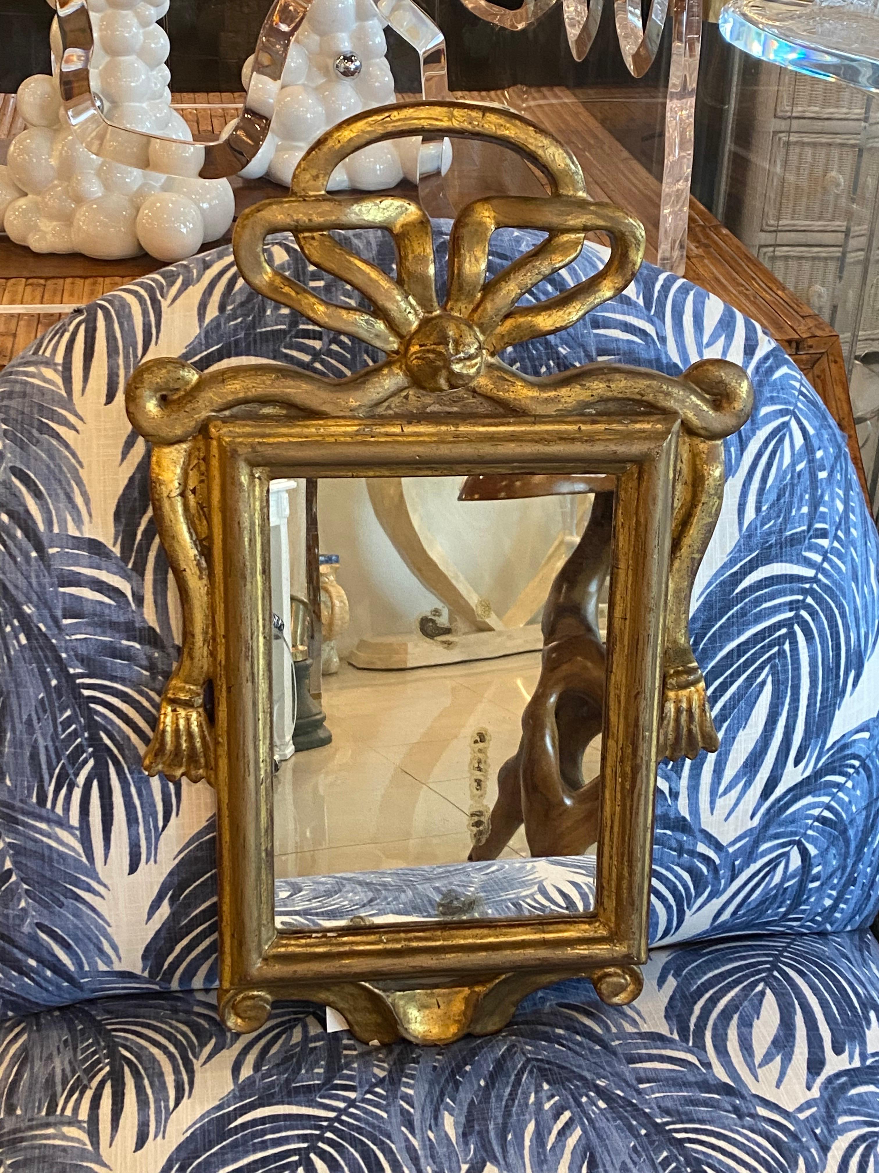 Vintage Gold Wood Gilt Wall Mirror Ribbon Tassel Bow  For Sale 1