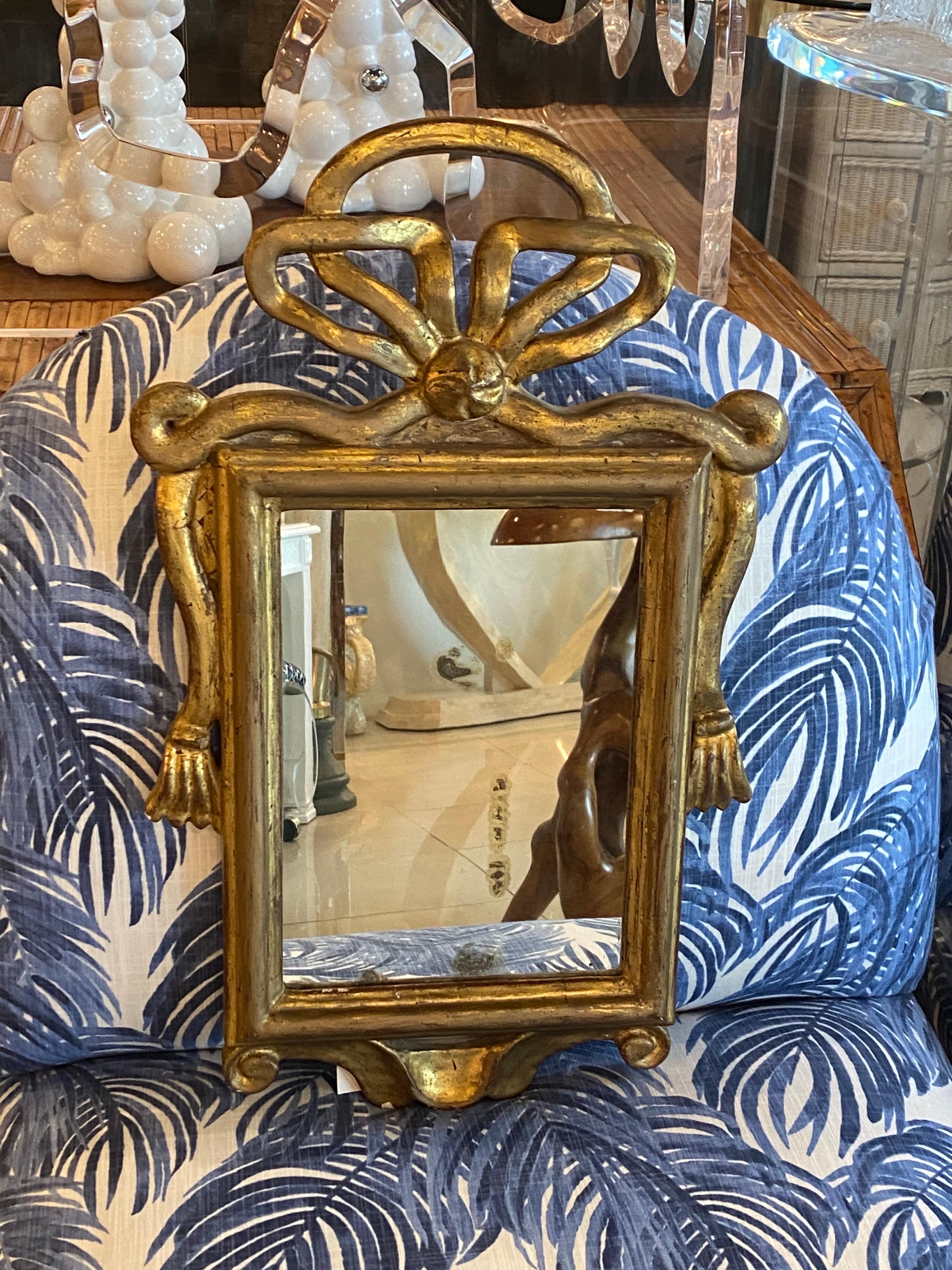 Vintage Gold Wood Gilt Wall Mirror Ribbon Tassel Bow  For Sale 2