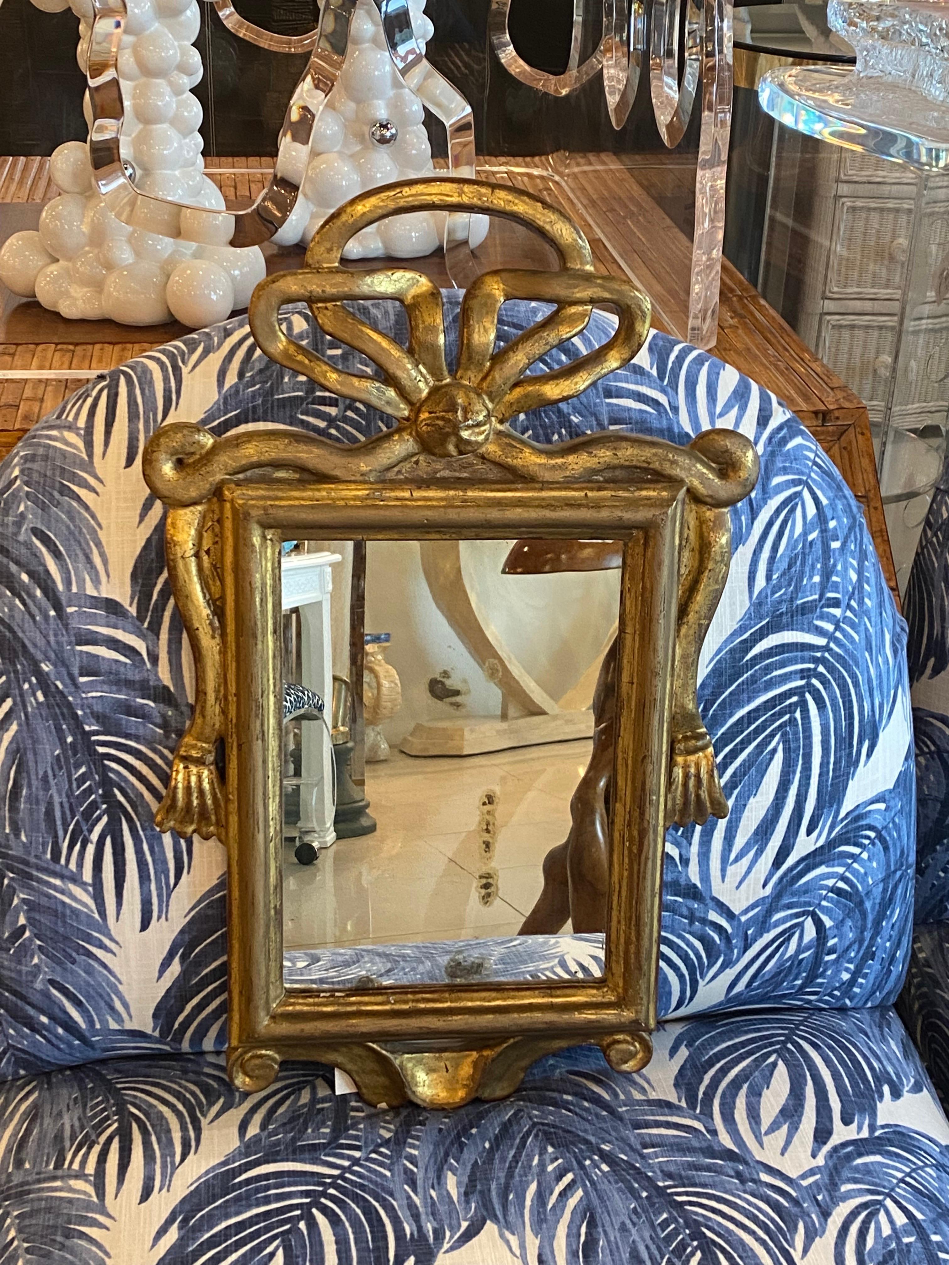 Vintage Gold Wood Gilt Wall Mirror Ribbon Tassel Bow  For Sale 3