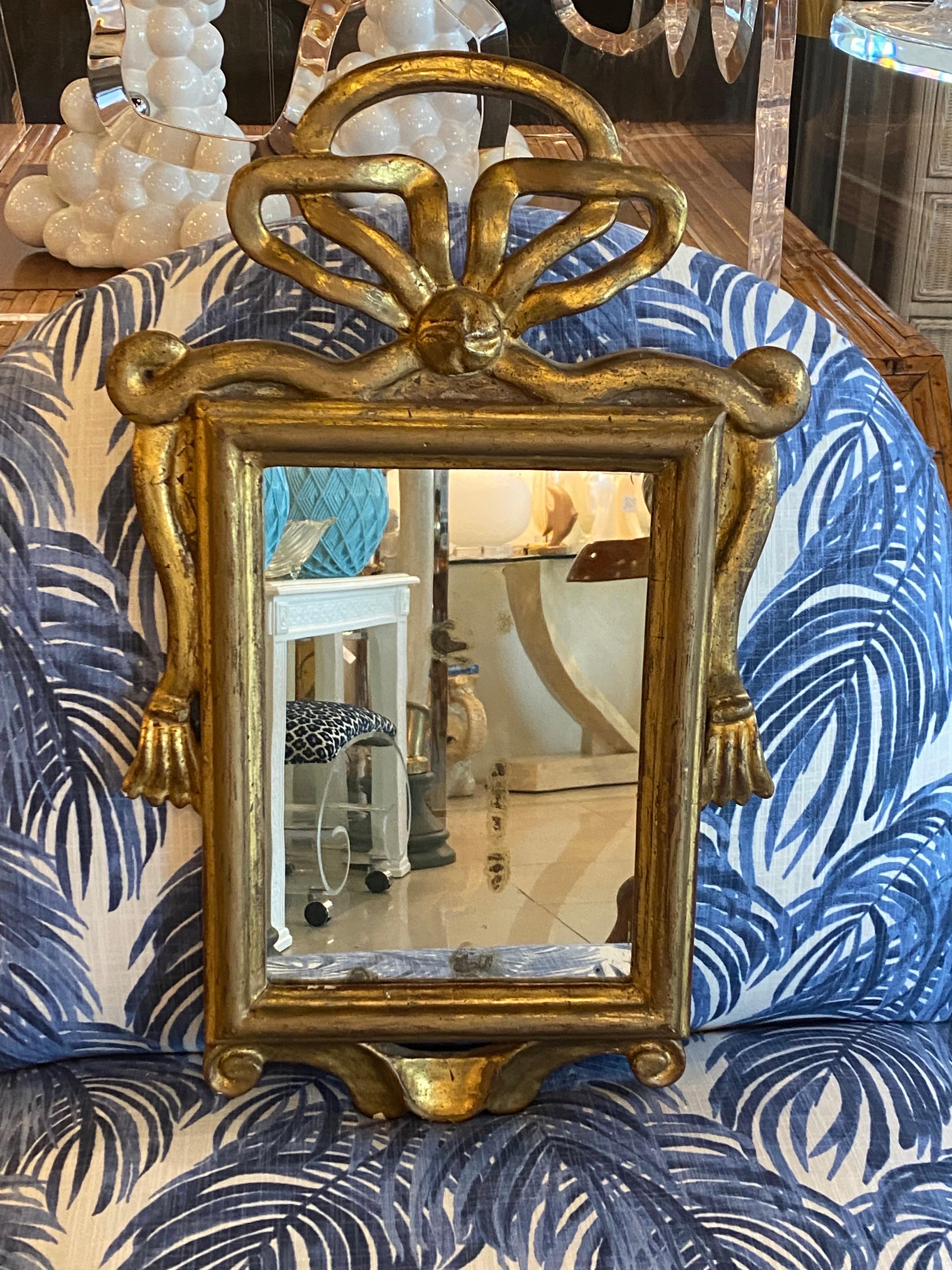 Vintage Gold Wood Gilt Wall Mirror Ribbon Tassel Bow  For Sale 4