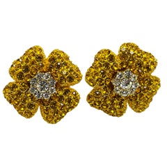 Vintage gold yellow crystal flower designer pierced clip on earrings